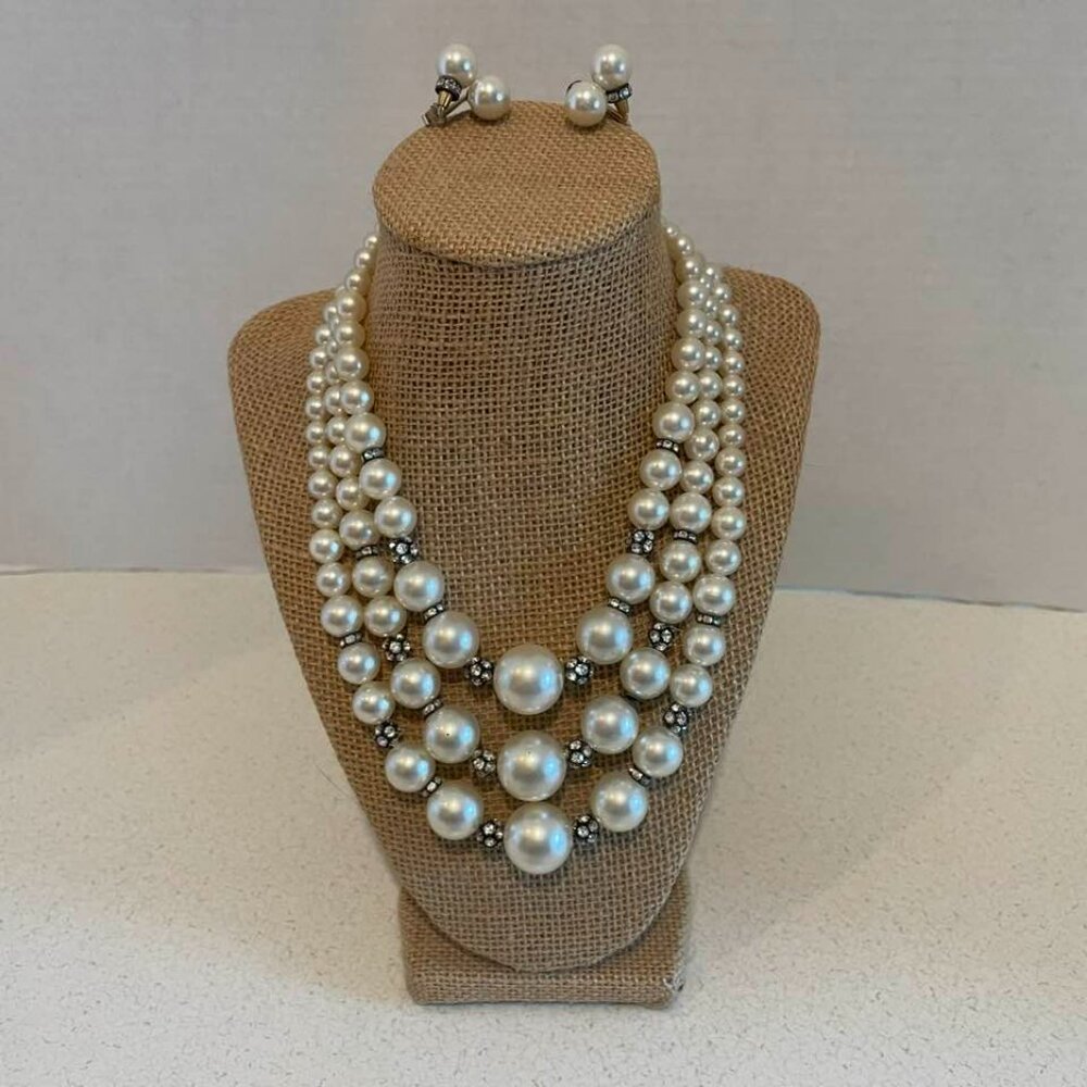VTG 1950s Triple Strand Japanned Rondels & Acrylic Pearl Necklace w Earrings Set